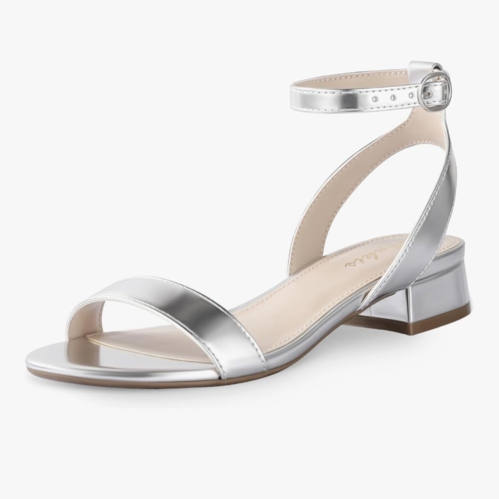 Women’s Silver Ankle-Strap Block Heel Sandals